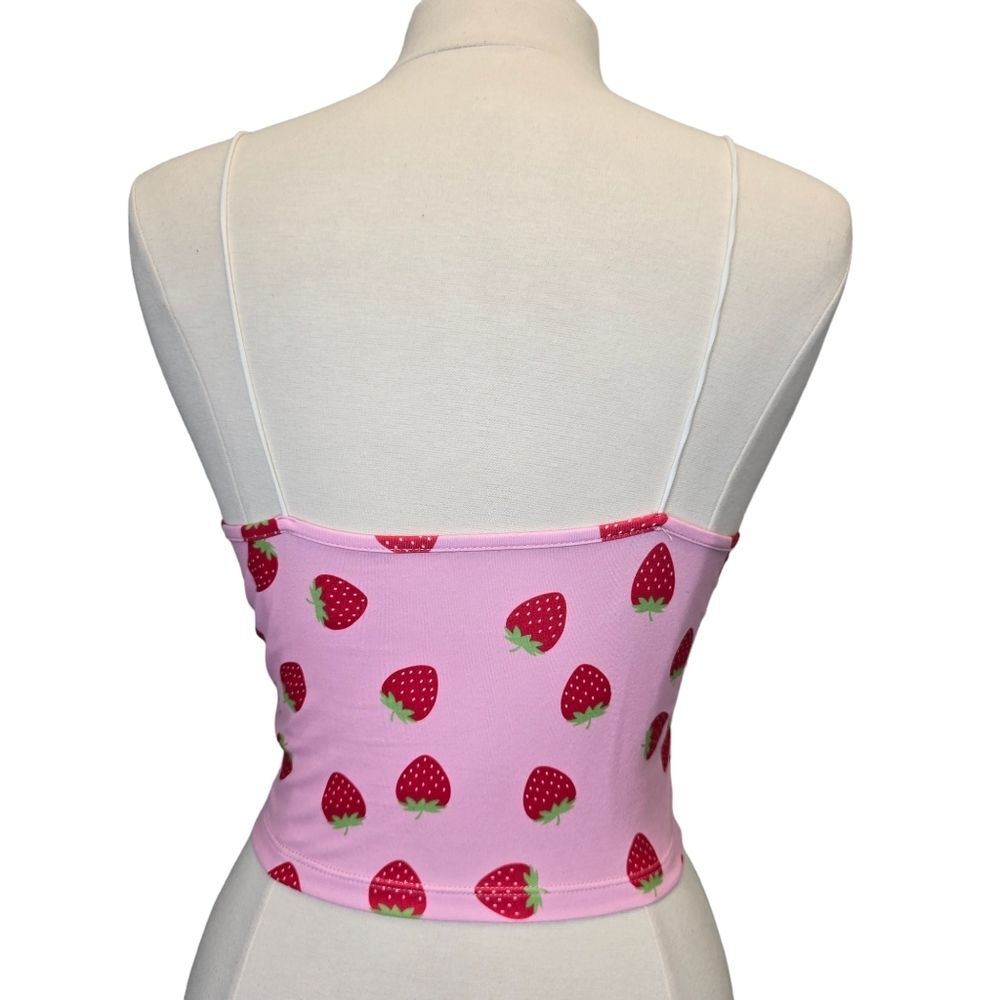 Women's Strawberry Print Spaghetti Strap Crop Top Summer Cami M - Picture 2 of 9